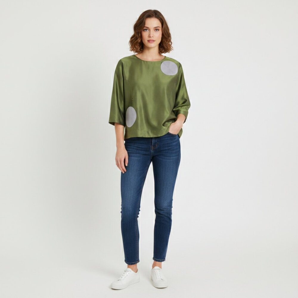 Marble & Co Green Taffeta Polka Dot Women's Blouse Top Size S NWT